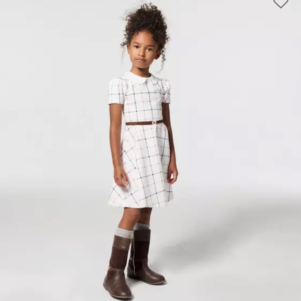 Janie and Jack White Plaid Dress with Brown Belt